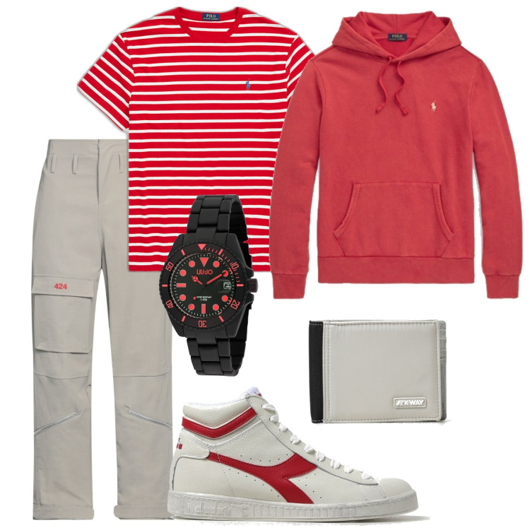 Outfit uomo - Appuntamento al bar. Stile Urban per Tutti i giorni. Abbinamento con pantaloni, felpe con cappuccio, t-shirt, sneakers, portafogli, orologi.