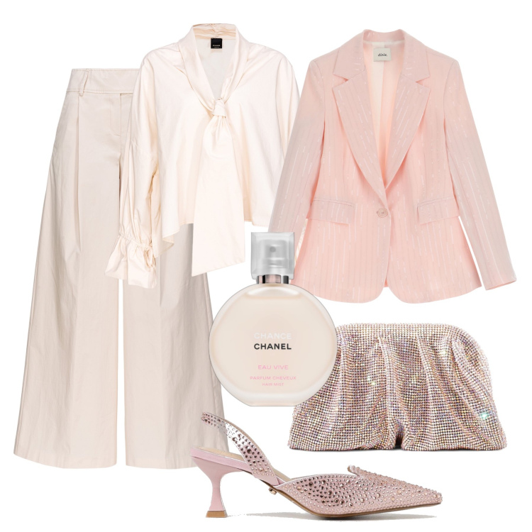 Outfit donna - Cerimonia delicatissima. Stile Bon Ton per Cerimonia. Abbinamento con profumi, bluse, pantaloni, blazer, scarpe col tacco, pochette.
