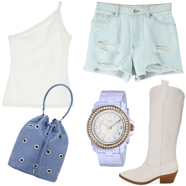 Outfit donna - Irresistibili jeans strappati. Stile Urban per Tutti i giorni. look ideale per Petite. Abbinamento con orologi, shorts, top, stivali, borse a secchiello.