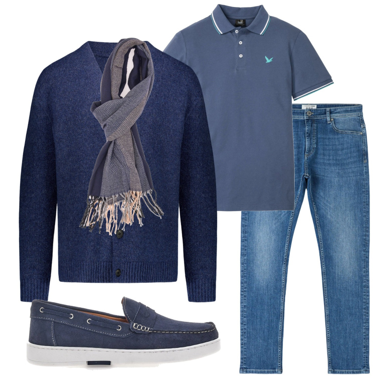 Outfit uomo - In città. Stile Casual per Tutti i giorni. Abbinamento con polo, jeans skinny, cardigans, sciarpe, scarpe stringate.