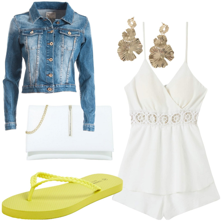 Outfit donna - Serata estiva con infradito giallo. Stile Sporty chic per Tutti i giorni. look ideale per Petite. Abbinamento con tuta corta, infradito, blazer, pochette, orecchini.
