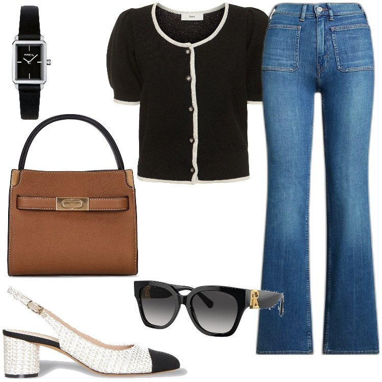 Outfit donna - Total look #1874304. Stile Casual chic per Tutti i giorni. Abbinamento con orologi, occhiali da sole, jeans bootcut, borse a mano, cardigans, scarpe col tacco.