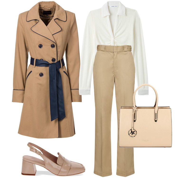 Outfit donna - Io trench per la primavera. Stile Mannish per Ufficio. Abbinamento con trench, camicie, mocassini, borse a mano, pantaloni.