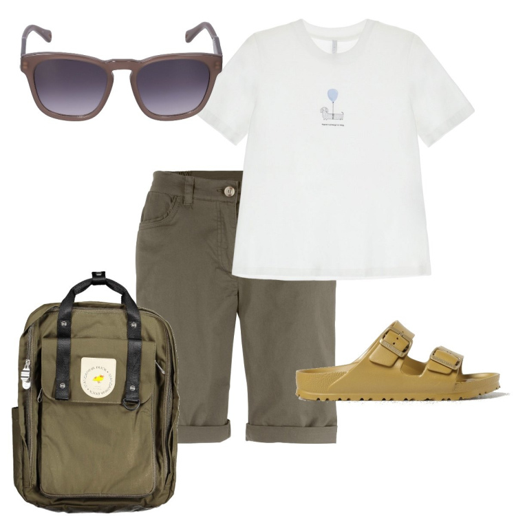 Outfit donna - In partenza per il weekend. Stile Basic per Tutti i giorni. Abbinamento con bermuda, t-shirt, occhiali da sole, zaini, sandali.