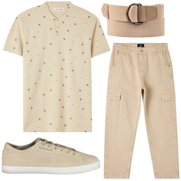 Outfit uomo - Total beige. Stile Casual per Tutti i giorni. Abbinamento con t-shirt, pantaloni cargo, scarpe sportive, cinture.