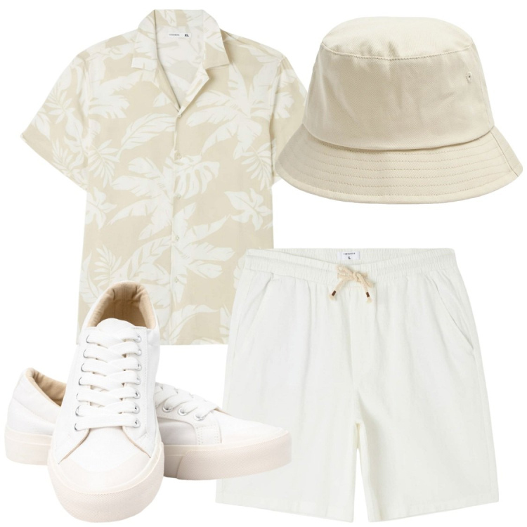 Outfit uomo - Pomeriggi d\'estate. Stile Trendy per Tutti i giorni. Abbinamento con camicie a manica corta, cappelli, shorts, sneakers.