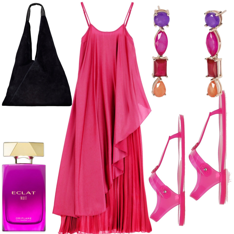 Outfit donna - Serate al mare. Stile Chic per Serata fuori. Abbinamento con profumi, orecchini, vestiti lunghi, sandali, borse a spalla.