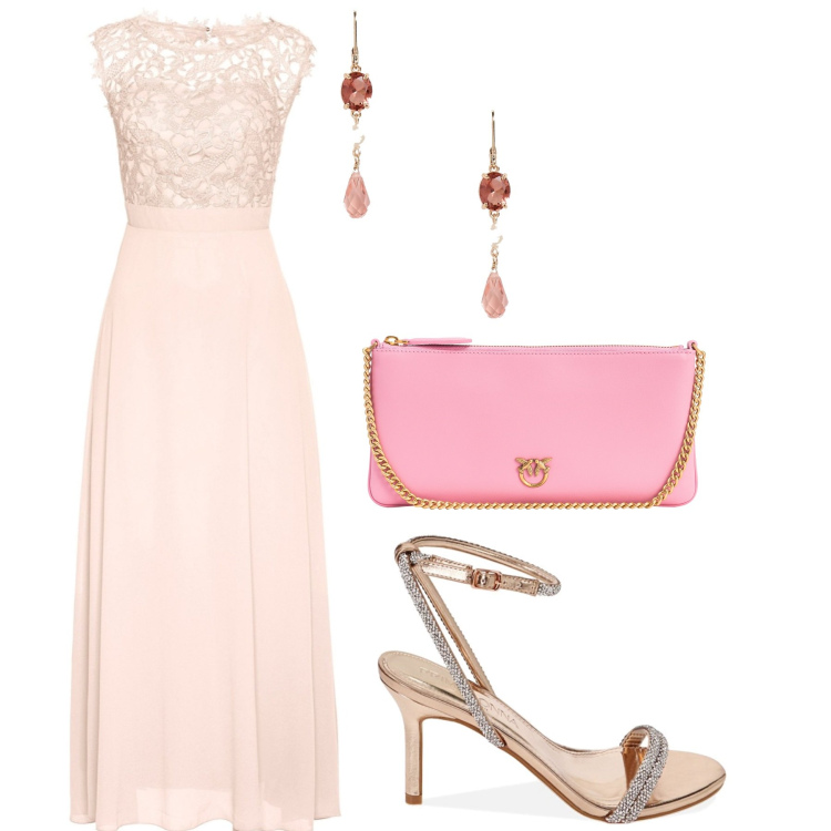 Outfit donna - Damigella discreta. Stile Bon Ton per Cerimonia. Abbinamento con vestiti lunghi, borse a tracolla, sandali gioiello, orecchini.