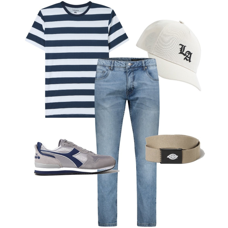 Outfit uomo - La t-shirt a righe. Stile Casual per Tutti i giorni. Abbinamento con t-shirt, cappelli, jeans, sneakers, cinture.