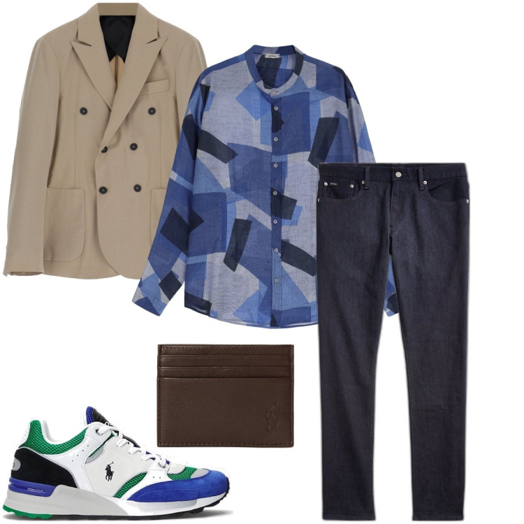 Outfit uomo - La camicia a fantasia. Stile Urban per Ufficio. Abbinamento con camicie, giacche, portafogli, jeans, sneakers.