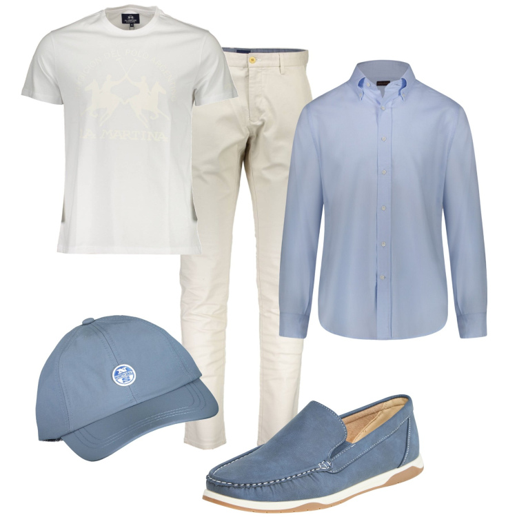 Outfit uomo - Con la camicia aperta. Stile Casual per Tutti i giorni. Abbinamento con camicie, scarpe stringate, cappelli con visiera, pantaloni, t-shirt.