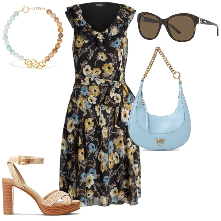 Outfit donna - Femminile. Stile Minimal per Tutti i giorni. Abbinamento con occhiali da sole, vestiti senza maniche, sandali, collane, borse a spalla.