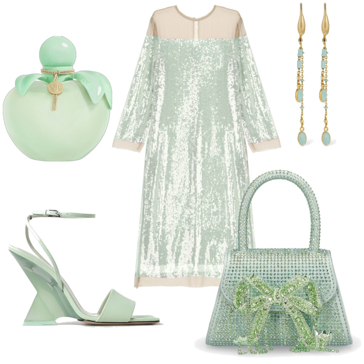 Outfit donna - Verde acqua chic. Stile Glamour per Serata fuori. Abbinamento con profumi, vestiti midi/longuette, orecchini, borse a mano, sandali col tacco.