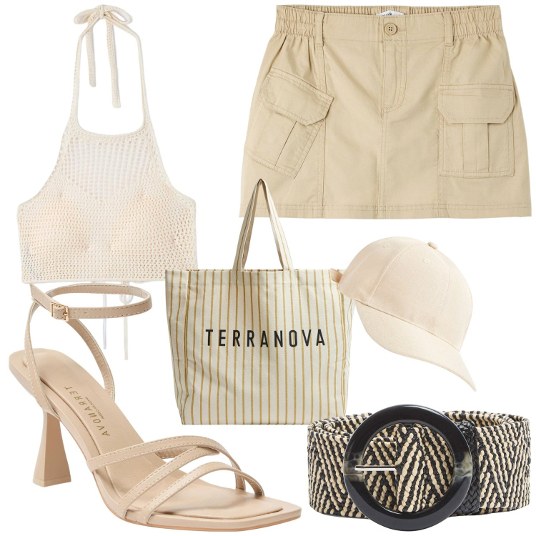 Outfit donna - Only terranova. Stile Casual chic per Tutti i giorni. Abbinamento con cappelli, cinture, top, minigonne, sandali col tacco, borse tote.