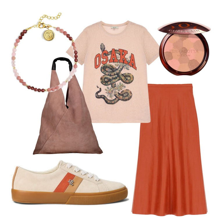 Outfit donna - Pronte per il weekend. Stile Sporty chic per Tutti i giorni. Abbinamento con braccialetti, terre, sneakers, gonne longuette, t-shirt, borse a spalla.