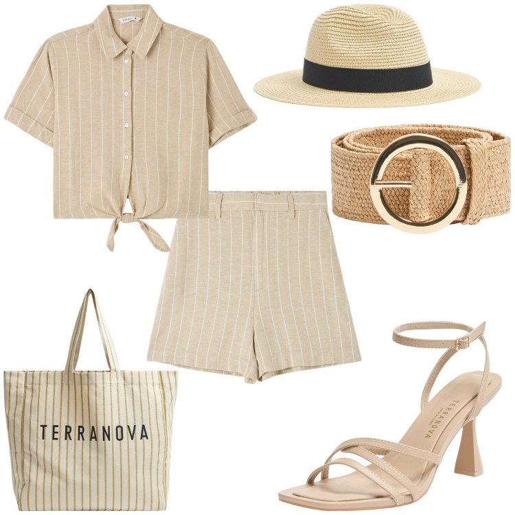 Outfit donna - Abito per l\'estate. Stile Basic per Mare. Abbinamento con bermuda, cappelli, camicie a manica corta, sandali col tacco, cinture, borse tote.