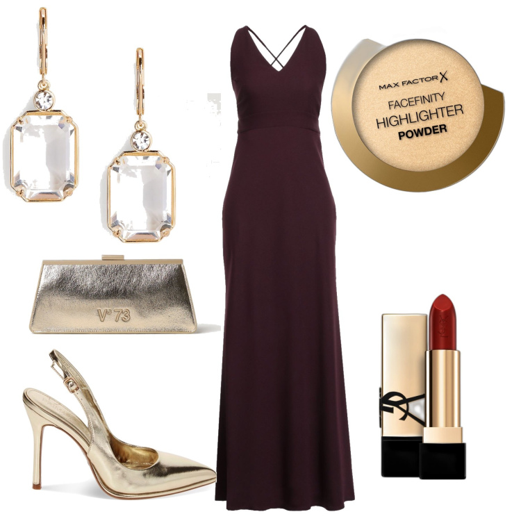 Outfit donna - Gold party in piscina. Stile Glamour per Cerimonia. Abbinamento con vestiti lunghi, rossetti, ciprie, décolleté, orecchini, clutch.