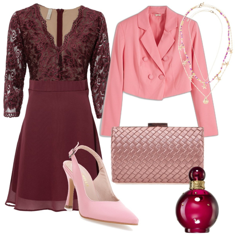 Outfit donna - Rosa+bordeaux. Stile Bon Ton per Cerimonia. Abbinamento con vestiti midi/longuette, blazer, ciondoli, profumi, décolleté, pochette.