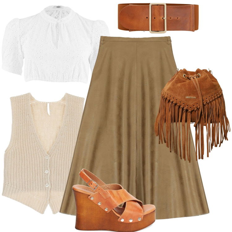 Outfit donna - Libera ed anticonformista. Stile Boho per Tutti i giorni. Abbinamento con camicie, gonne longuette, cinture, borse a secchiello, gilet, zoccoli.