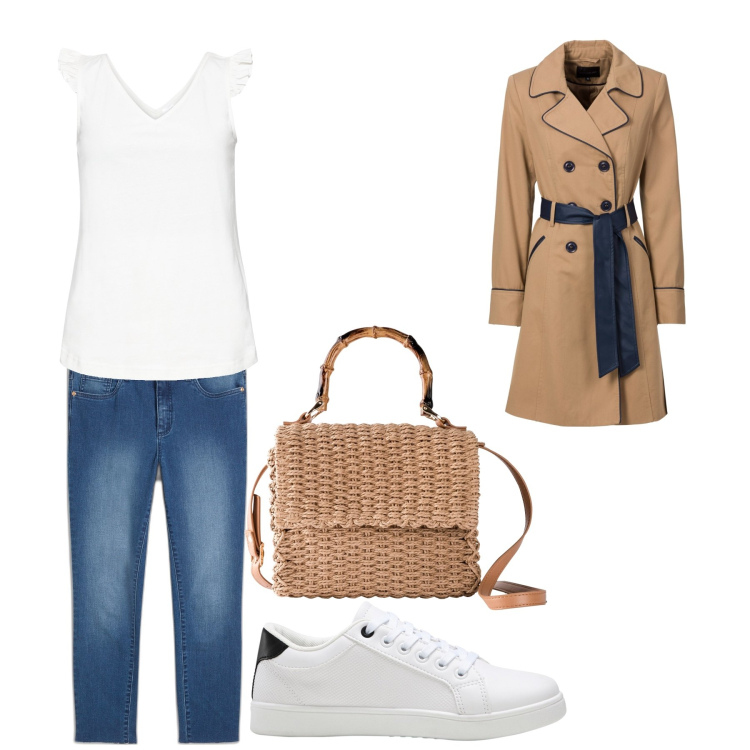 Outfit donna - Aperitivo. Stile Trendy per Tutti i giorni. Abbinamento con trench, top, sneakers, jeans skinny, borse a mano.
