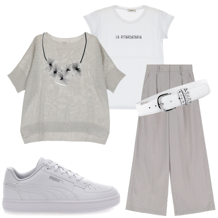 Outfit donna - La ritardataria. Stile Casual per Tutti i giorni. Abbinamento con cinture, ciondoli, pullovers, pantaloni, t-shirt, sneakers.