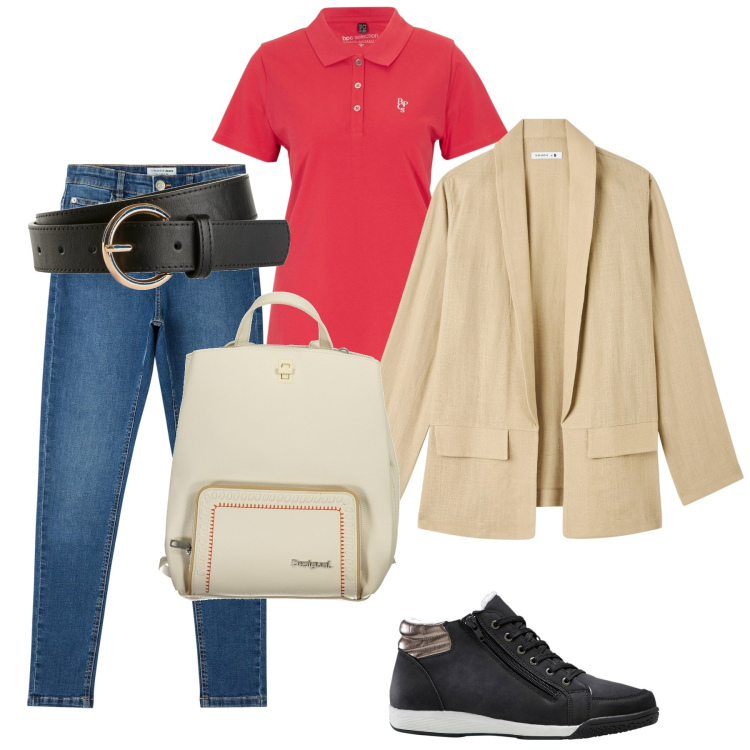 Outfit donna - Total look #1874482. Stile Casual chic per Ufficio. Abbinamento con sneakers alte, cinture, polo, blazer, jeans skinny, zaini.