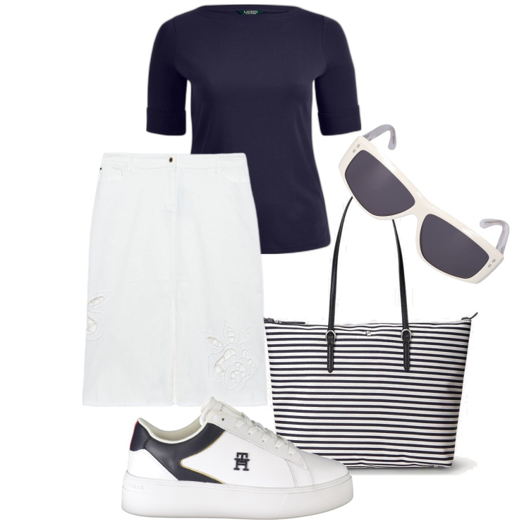 Outfit donna - Bianco & blu curvy. Stile Basic per Tutti i giorni. Abbinamento con top, borse tote, sneakers, minigonne, occhiali da sole.