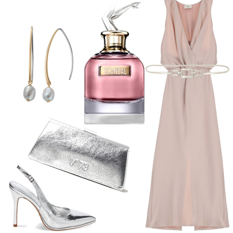 Outfit donna - Cerimonia rosa. Stile Chic per Cerimonia. Abbinamento con profumi, orecchini, décolleté, vestiti lunghi, cinture, clutch.