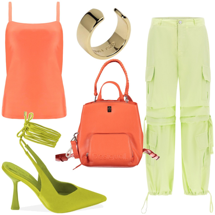Outfit donna - Zaino arancione estivo. Stile Casual chic per Ufficio. look ideale per Petite. Abbinamento con orecchini, pantaloni cargo, canottiere, décolleté, zaini.