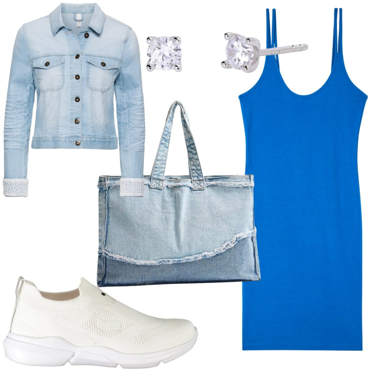 Outfit donna - La borsa in jeans. Stile Urban per Tutti i giorni. look ideale per Petite. Abbinamento con blazer, shopping bag, vestiti, orecchini, sneakers.
