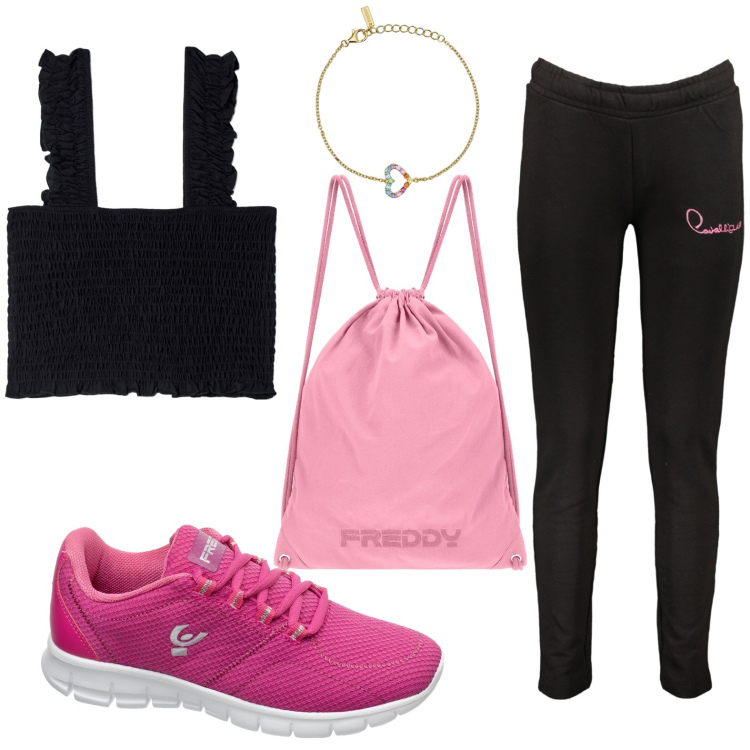 Outfit donna - Jeans neri. Stile Sporty chic per Tutti i giorni. look ideale per Petite. Abbinamento con top, braccialetti, sneakers, zaini, pantaloni.