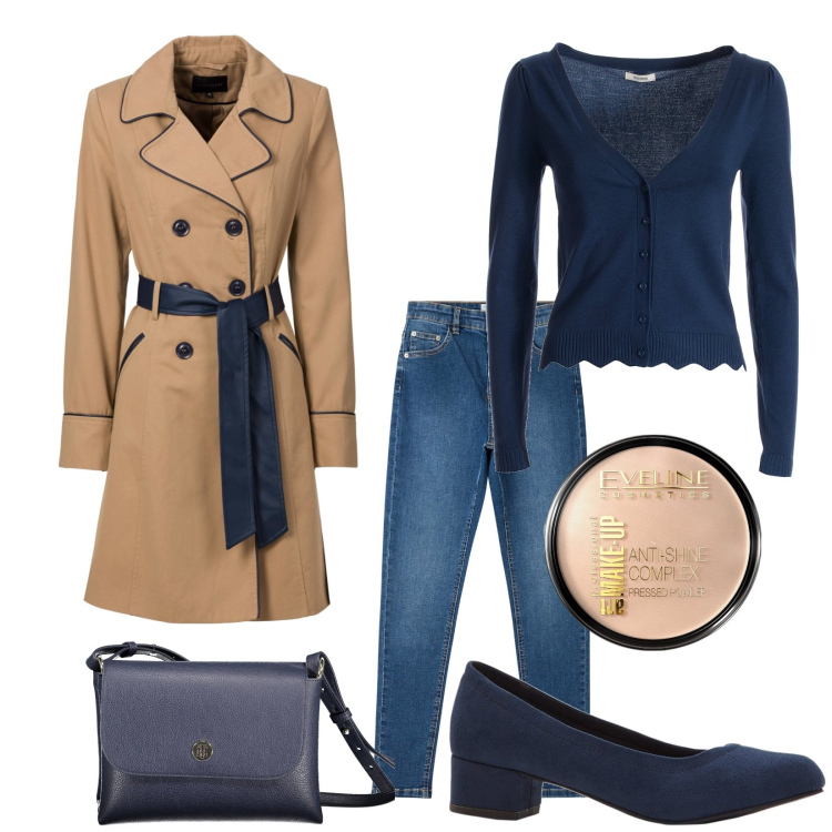 Outfit donna - E se piove. Stile Casual chic per Tutti i giorni. Abbinamento con trench, décolleté, fondotinta, jeans skinny, cardigans, borse a spalla.