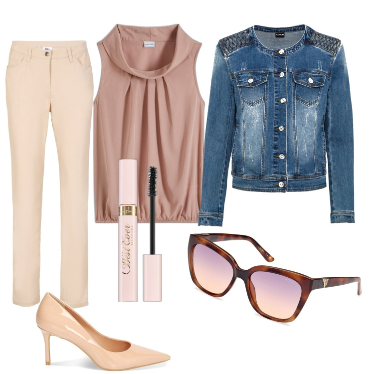 Outfit donna - Pienissima primavera. Stile Trendy per Tutti i giorni. Abbinamento con top, pantaloni, blazer, mascara, décolleté, occhiali da sole.