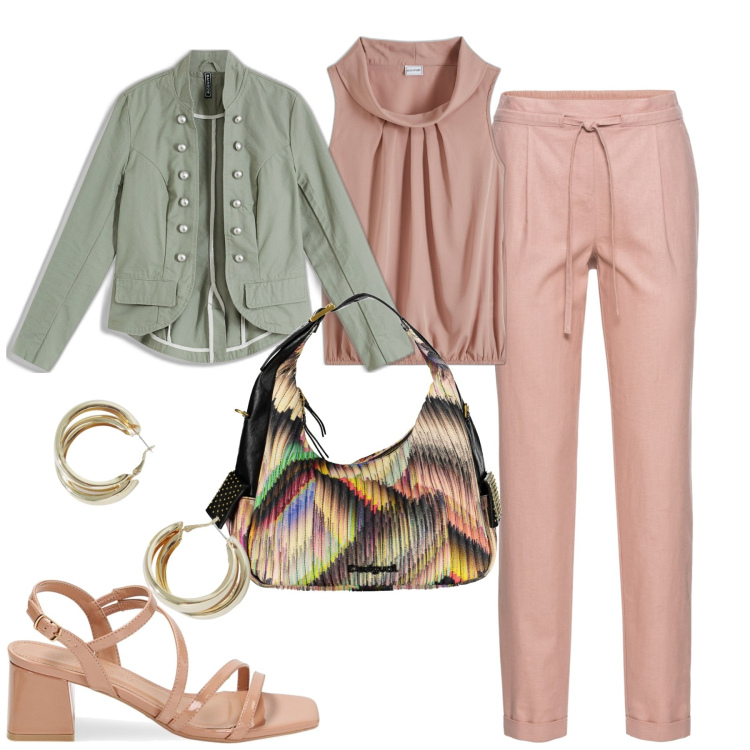 Outfit donna - City. Stile Casual chic per Tutti i giorni. Abbinamento con pantaloni, top, blazer, sandali col tacco, orecchini, borse a spalla.