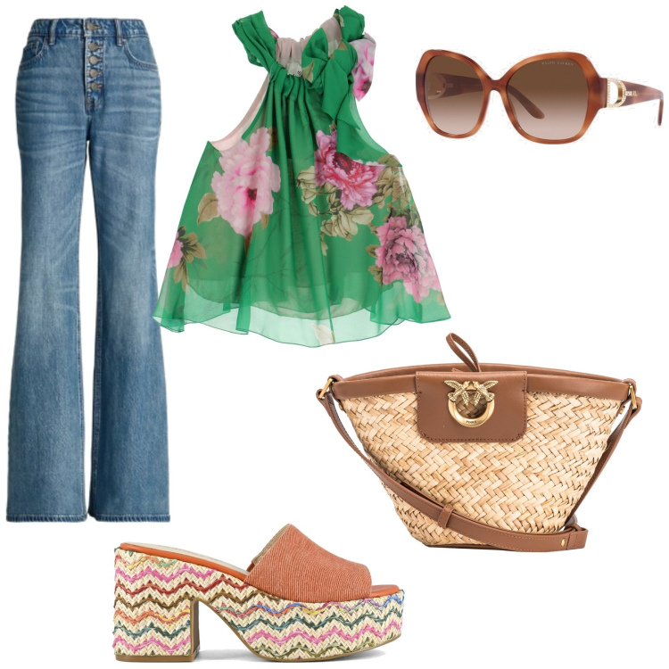 Outfit donna - Ispirazione bohemien. Stile Boho per Serata fuori. Abbinamento con borse a secchiello, canottiere, jeans, occhiali da sole, sandali.