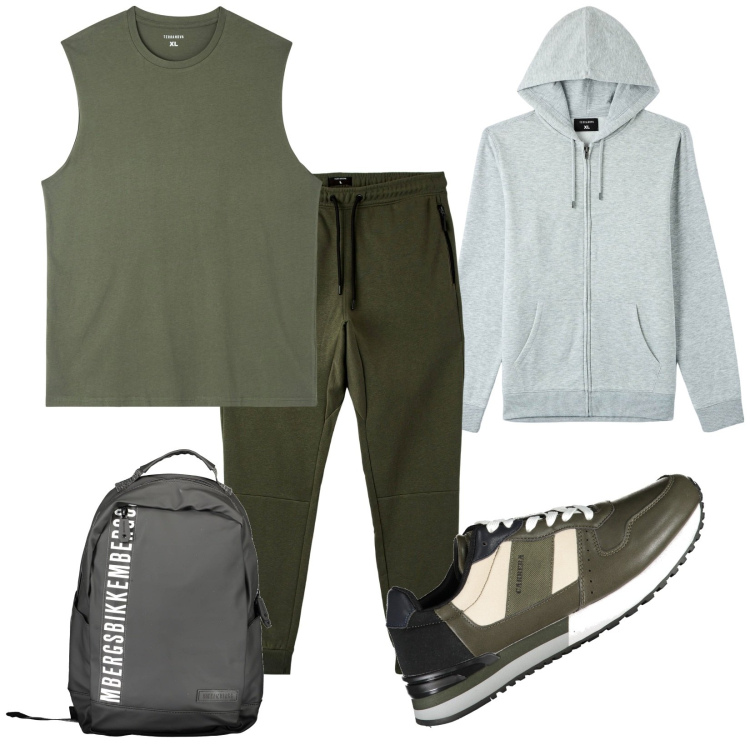 Outfit uomo - Total look #1874554. Stile Casual per Sport. Abbinamento con t-shirt, pantaloni, felpe con cappuccio, scarpe sportive, borse sportive.