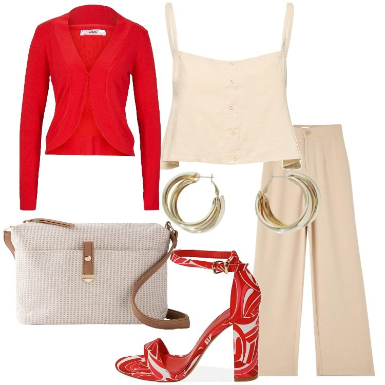 Outfit donna - Il top chiaro. Stile Casual chic per Tutti i giorni. Abbinamento con blazer, borse a tracolla, pantaloni, sandali col tacco, orecchini, top.