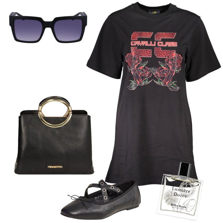 Outfit donna - Fresca in città. Stile Basic per Tutti i giorni. Abbinamento con ballerine, profumi, borse a mano, vestiti corti, occhiali da sole.