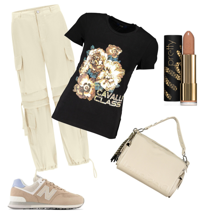 Outfit donna - Spring outfit. Stile Basic per Tutti i giorni. Abbinamento con rossetti, sneakers, pantaloni cargo, t-shirt, borse a spalla.