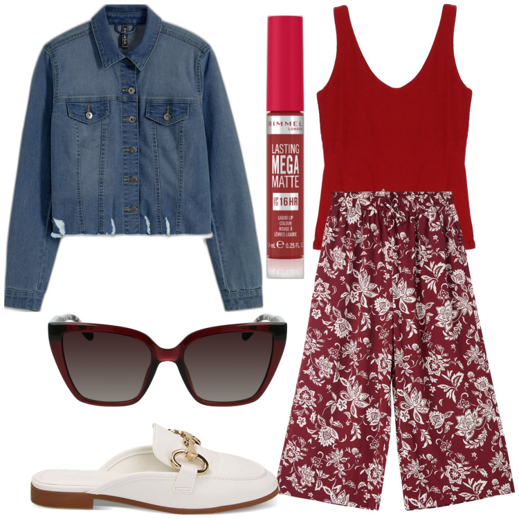 Outfit donna - Respira, è Primavera. Stile Trendy per Tutti i giorni. Abbinamento con blazer, rossetti, pantaloni a palazzo, sabot, top, occhiali da sole.