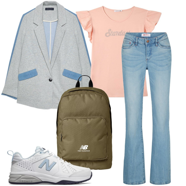 Outfit donna - Porto il pc in ufficio. Stile Casual chic per Ufficio. Abbinamento con jeans bootcut, t-shirt, sneakers, zaini, blazer.