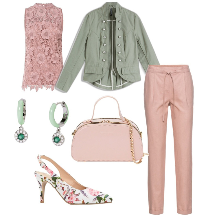 Outfit donna - Fiori di primavera. Stile Romantica per Cerimonia. Abbinamento con pantaloni, top, blazer, décolleté, orecchini, borse a mano.