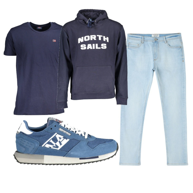 Outfit uomo - Total look #1874594. Stile Casual per Tutti i giorni. Abbinamento con jeans skinny, t-shirt, felpe con cappuccio, scarpe sportive.