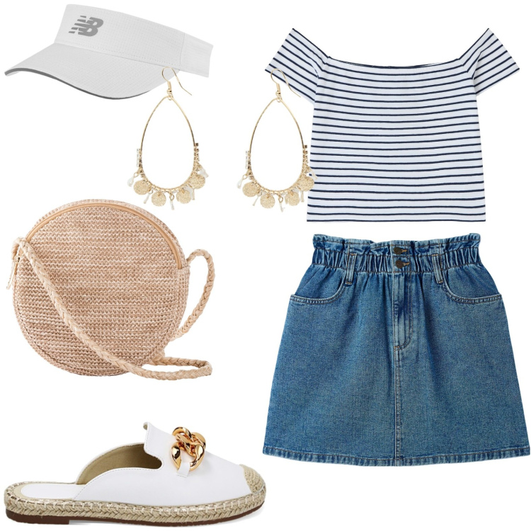 Outfit donna - Denim mini. Stile Casual per Tutti i giorni. Abbinamento con borse a tracolla, t-shirt, minigonne, cappelli con visiera, sabot, orecchini.