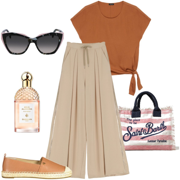 Outfit donna - La borsetta estiva. Stile Casual chic per Tutti i giorni. Abbinamento con profumi, pantaloni a palazzo, ballerine, bluse, borse tote, occhiali da sole.