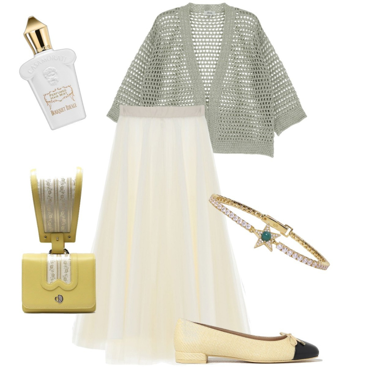 Outfit donna - Il cardigan a rete. Stile Bon Ton per Serata fuori. Abbinamento con profumi, braccialetti, gonne longuette, cardigans, ballerine, borse a mano.