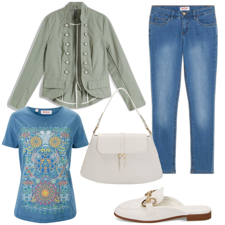 Outfit donna - Giacca per ogni momento. Stile Basic per Ufficio. Abbinamento con t-shirt, jeans skinny, blazer, sabot, borse a spalla.
