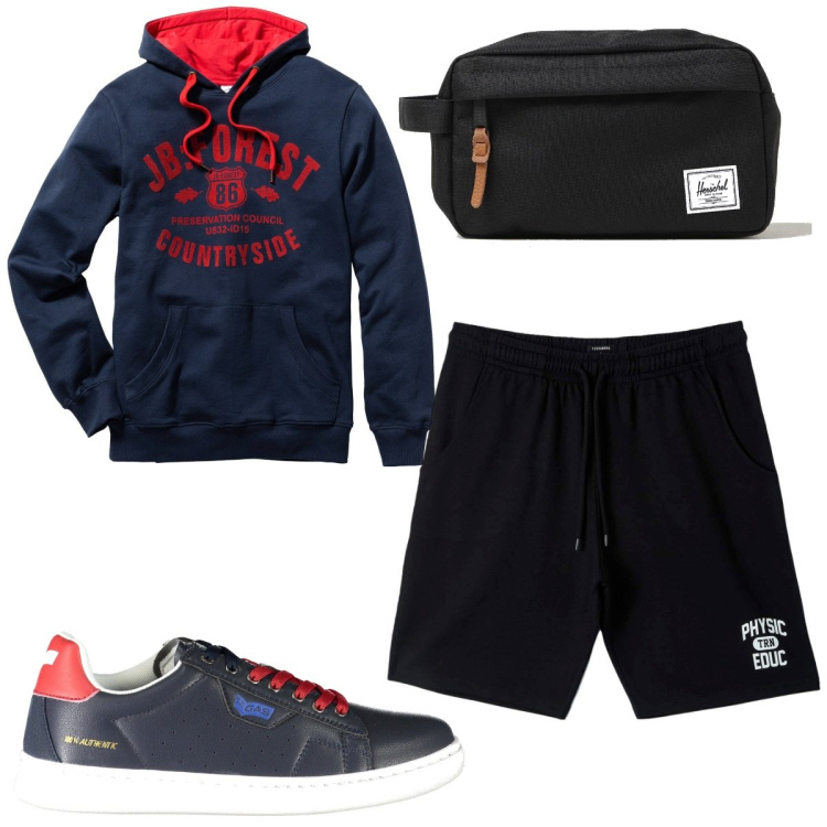 Outfit uomo - Total look #1874653. Stile Trendy per Sport. Abbinamento con felpe con cappuccio, pantaloni corti, sneakers, borse sportive.
