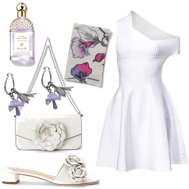 Outfit donna - Bianco. Stile Casual chic per Tutti i giorni. Abbinamento con orecchini, profumi, vestiti asimmetrici, borse a spalla, sandali in pelle, sciarpe.