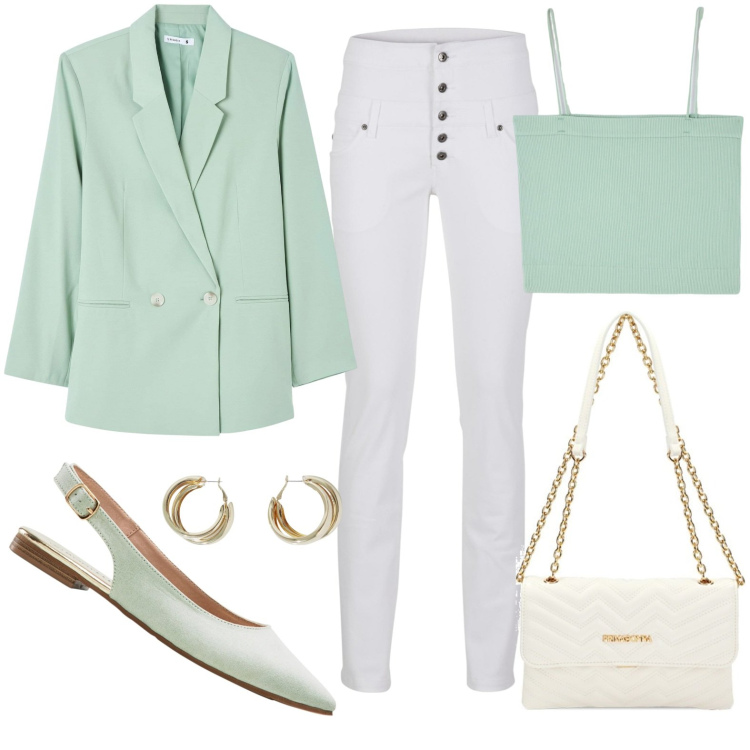 Outfit donna - 50 sfumature di Verde acqua. Stile Sporty chic per Tutti i giorni. look ideale per Petite. Abbinamento con ballerine, pantaloni skinny, orecchini, canottiere, blazer, borse a tracolla.